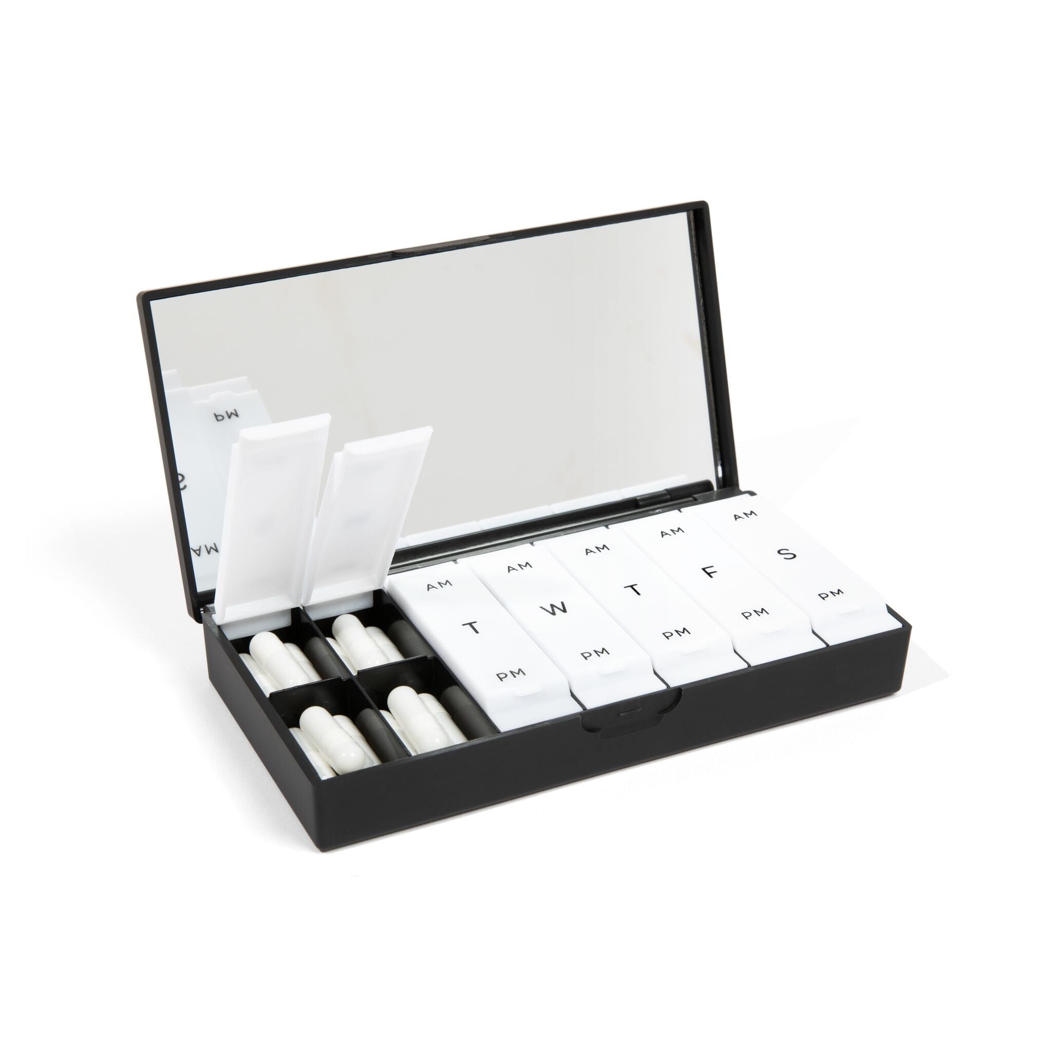 A compact, metallic Port & Polish Pill Box, shown open with a few pills inside.